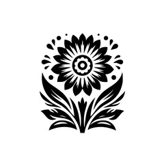 Elegant Black and White Stylized Floral Motif Illustration - Folk Art Inspired Decorative Graphic Element
