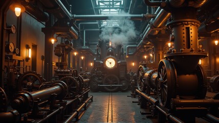 Vintage Engine Room with Pipes and Steam Effects