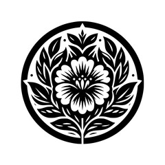 Elegant Black and White Floral Motif in Circle. Stylized Graphic Illustration, Decorative Design Element