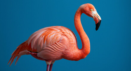 Flamingo Standing Tall Against Solid Blue Background