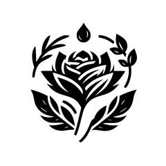 Minimalist Black Rose Illustration with Leaf Wreath and Drop - Graphic Floral Nature Symbol