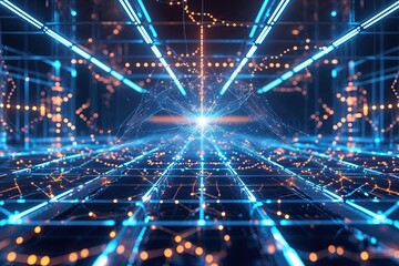 Naklejka premium Dynamic Visualization of a Digital Matrix Symbolizing Blockchain Connectivity with Glowing Links and Intricate Data Patterns in an Ultra-Modern Setting