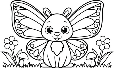 Monochrome bunny with butterfly wings outlines among flowers in a white background