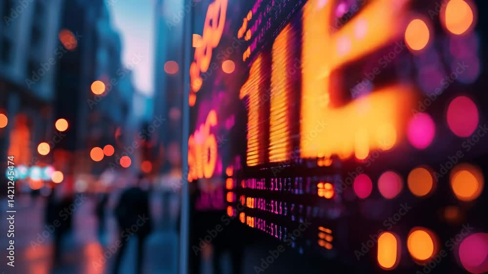 Poster a vibrant digital display with glowing patterns and data visuals set against a blurred urban backdro