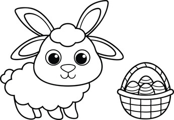 Outlined Sheep with Bunny Ears and Egg Basket Drawing for Coloring Activity