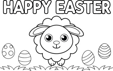 Blacklined Happy Easter Text with Cute Lamb and Decorated Eggs