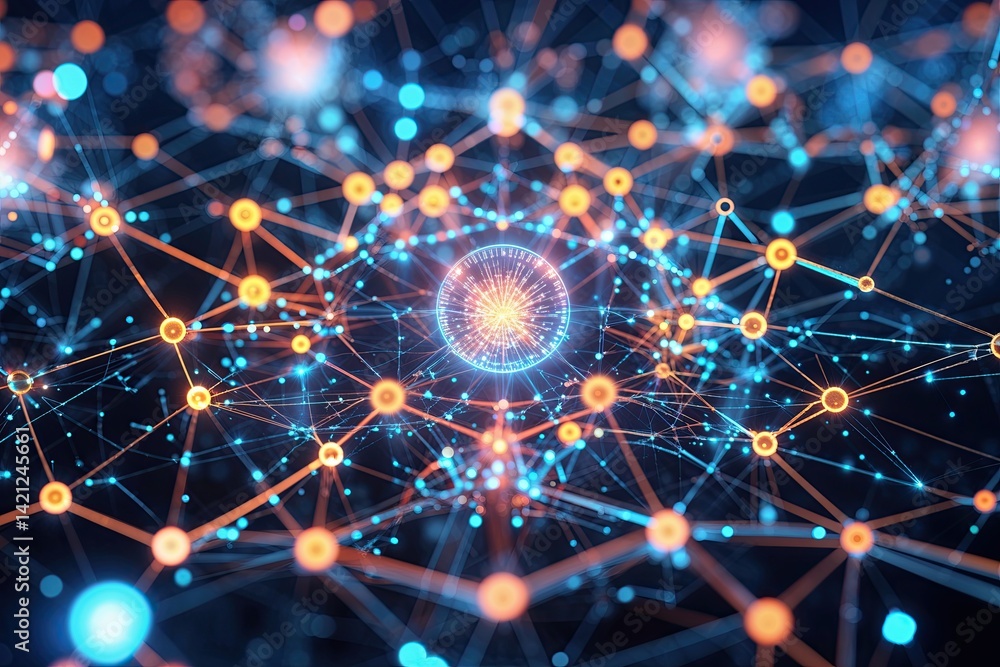 Poster stunning digital visualization of blockchain synthesis highlighting radiant connections and complex 