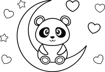 Cartoon panda sitting on moon, stars, hearts contour on transparent backdrop