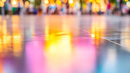 Vibrant urban lights reflection city square photography evening low angle modern aesthetics