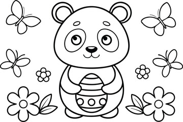 Panda with Easter Egg Surrounded by Butterflies and Flowers, Black and White Outline