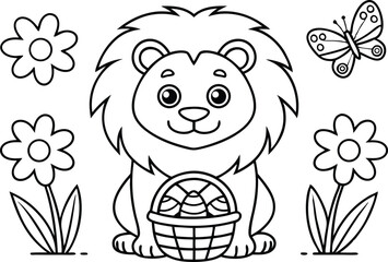 Smiling Lion Holds Eggs in Wicker Basket With Flowers and Butterfly Outlined