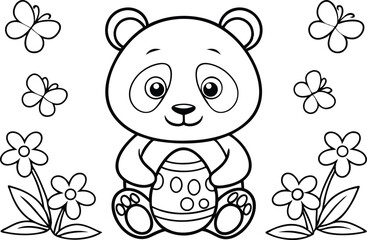Sitting Panda Holding Decorated Egg Surrounded by Flowers and Butterflies Line Art