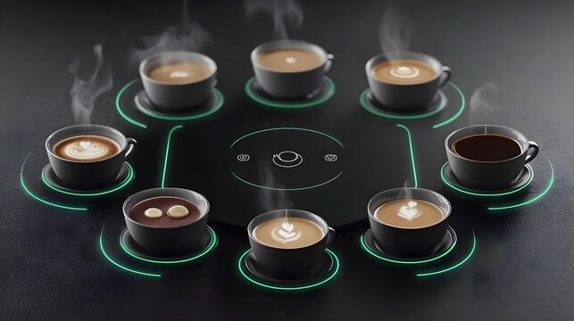 Interactive holographic coffee station modern  digital art futuristic design top-down view