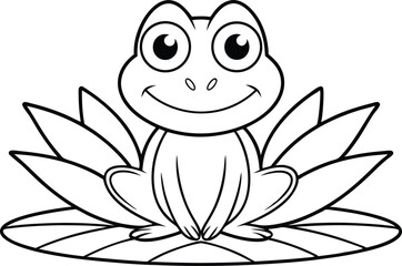 Cartoon Smiling Frog Sitting on Lily Pad with Transparent Background Outline