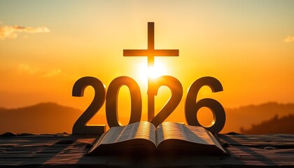 Inspirational 2026 Sunrise Scene with Cross and Holy Bible Open Book Peaceful Spiritual Hopeful New Year Christian Faith god sky  