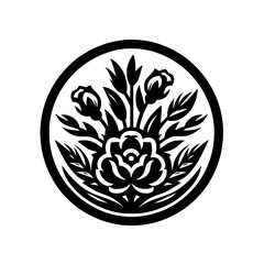 Classic Black & White Floral Silhouette in Circle - Graphic Rose & Bud Motif Design Element