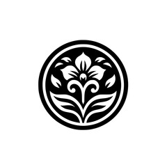 Elegant Black and White Stylized Floral Emblem within Circle - Simple Graphic Design Icon