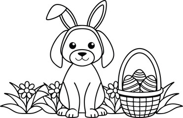Bunny Eared Dog with Basket of Easter Eggs and Flowers Line Art on Transparent
