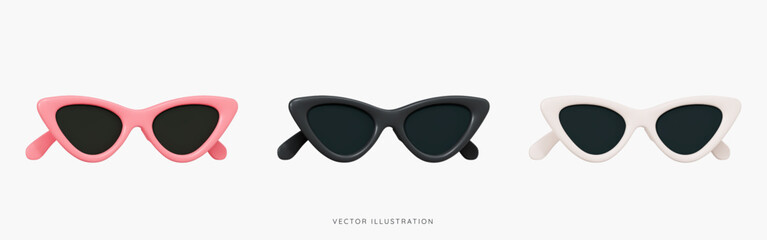 3D Front view cat eye sunglasses in pink, black and beige icon set. Summer time object. Fashion glasses for women. Travel accessory. Cartoon design icons isolated on white. 3D Vector illustration