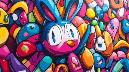 Obraz premium Colorful cartoon bunny character surrounded by abstract shapes