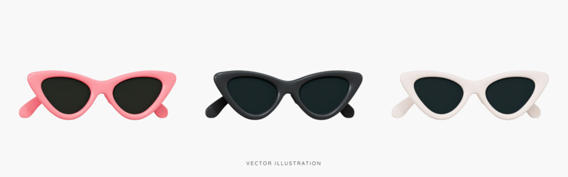 3D Front view cat eye sunglasses in pink, black and beige icon set. Summer time object. Fashion glasses for women. Travel accessory. Cartoon design icons isolated on white. 3D Vector illustration