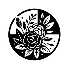 Elegant Monochromatic Graphic Floral Circle with Geometric Background. Stylish Black and White Botanical Design Element Illustration.