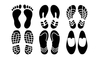 Vector Footprint Icons Collection – Human, Shoe, Boot, and Sole Print Silhouettes Set