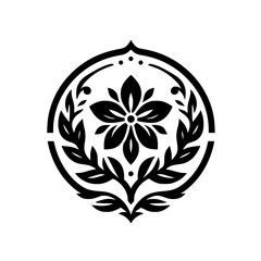 Elegant Black and White Floral Emblem Vector Graphic in Circle with Leaves and Flower - Timeless Botanical Logo Design Element