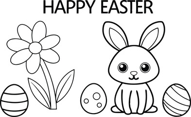 Happy Easter Text with Black Outline Bunny, Flower, and Eggs on White Background