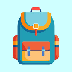 Colorful cartoon backpack with multiple compartments and straps on light blue background