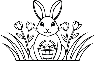 Easter Bunny with Basket of Eggs and Tulip Outline on White Background