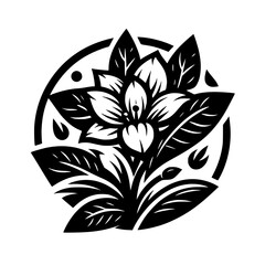 Minimalist Black and White Flower Illustration with Leaves in Circle Frame. Stylized Graphic Botanical Icon, Logo, or Print Design Element.