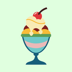 Delicious sundae with cherry on top and colorful stripes on the glass