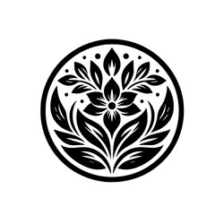Stylized Black and White Floral Logo Icon in Circle - Clean, Elegant Nature Design Element