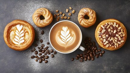 Fototapeta premium Savoring delicious hot mocha and freshly baked treats cozy food photography warm atmosphere top-down view