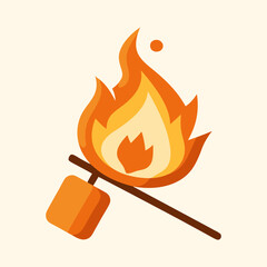 Illustration of a marshmallow on a stick toasting over a fire