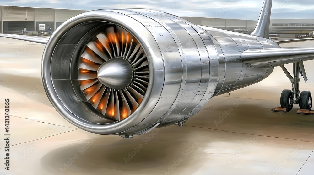 Poster jet engine performance testing airport runway engineering visual industrial setting close-up view ex