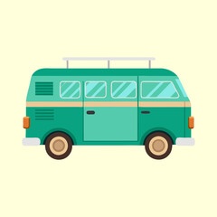 A charming green vintage camper van in a cartoon illustration style