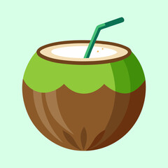 A refreshing and vibrant illustration of a young coconut drink with straw