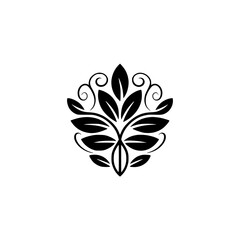 Elegant Symmetrical Floral Emblem, Minimalist Black Botanical Motif on Light Background