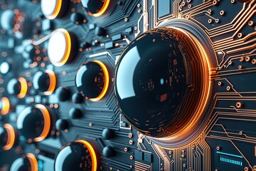 Sleek Abstract High Technology Background with Spherical Geometric Shapes and Circuit Patterns