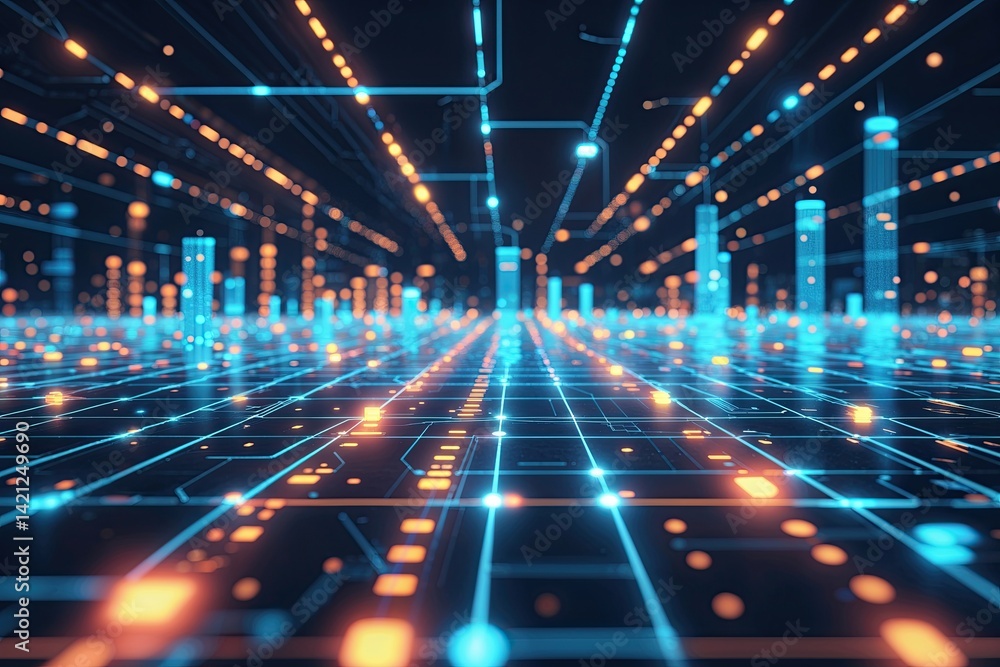Poster futuristic digital grid visualization showcasing blockchain technology and bright data connectivity