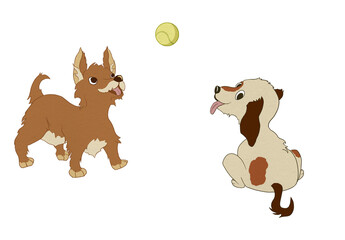 Cute cartoon dogs watching a tennis ball in mid-air. Playful and friendly illustration ideal for children's books, pet products, or lighthearted design projects.