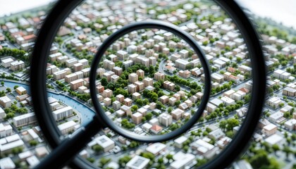 The detailed city map model is the focus of the magnifying glass. notion of urban planning. The residential area is indicated. There were green trees and buildings. Analysis of real estate projects. C