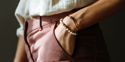 Hands holding bracelets in pockets of rose colored pants.