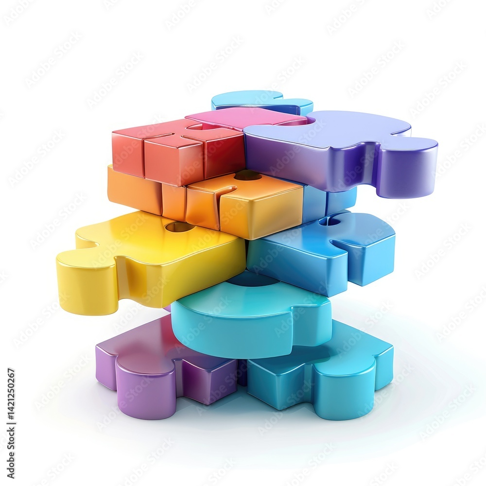 Poster multicolored puzzle pieces form a stack of interlocking shapes.
