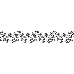 Simple Black Line Art Floral Border with Roses and Leaves. Elegant Minimalist Design Element Pattern on White Background.
