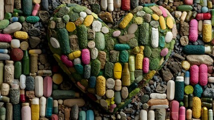 A vibrant mosaic of everyday objects representing sacrifice and care arranged in a heart-shaped pattern