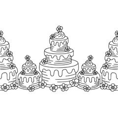 Sweet Tiered Cakes Line Art Pattern Border. Black Outline Illustration of Festive Celebration Desserts with Flowers.