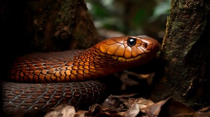 Fototapeta premium Brownish-red Egyptian cobra resting under forest canopy with visible hood texture and vibrant natural tones